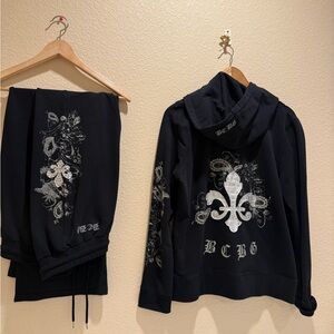 BCBG Maxazaria Vintage Y2K Set flared Pants Fleur de Lis Embroidery Patch Studs